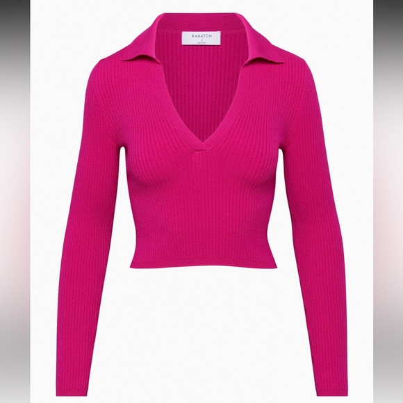 Aritzia Babaton Sculpt Knit Pink Polo Long Sleeve Top - Picture 2 of 7